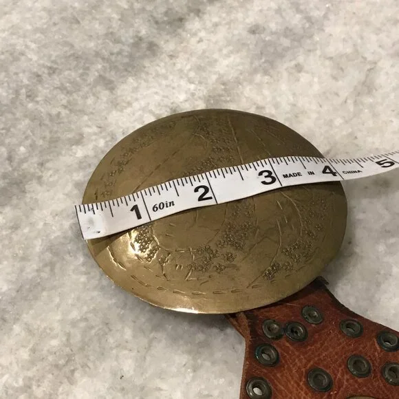 VINTAGE Leather Brass Concho Belt Womens Brown Boho Hippie Grommet Eyelet 70s - Picture 12 of 13